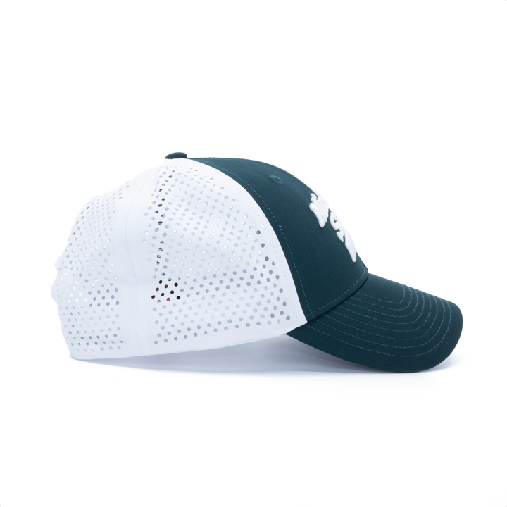 Right side view of the green and white Michigan State Hockey hat from Nudge Printing