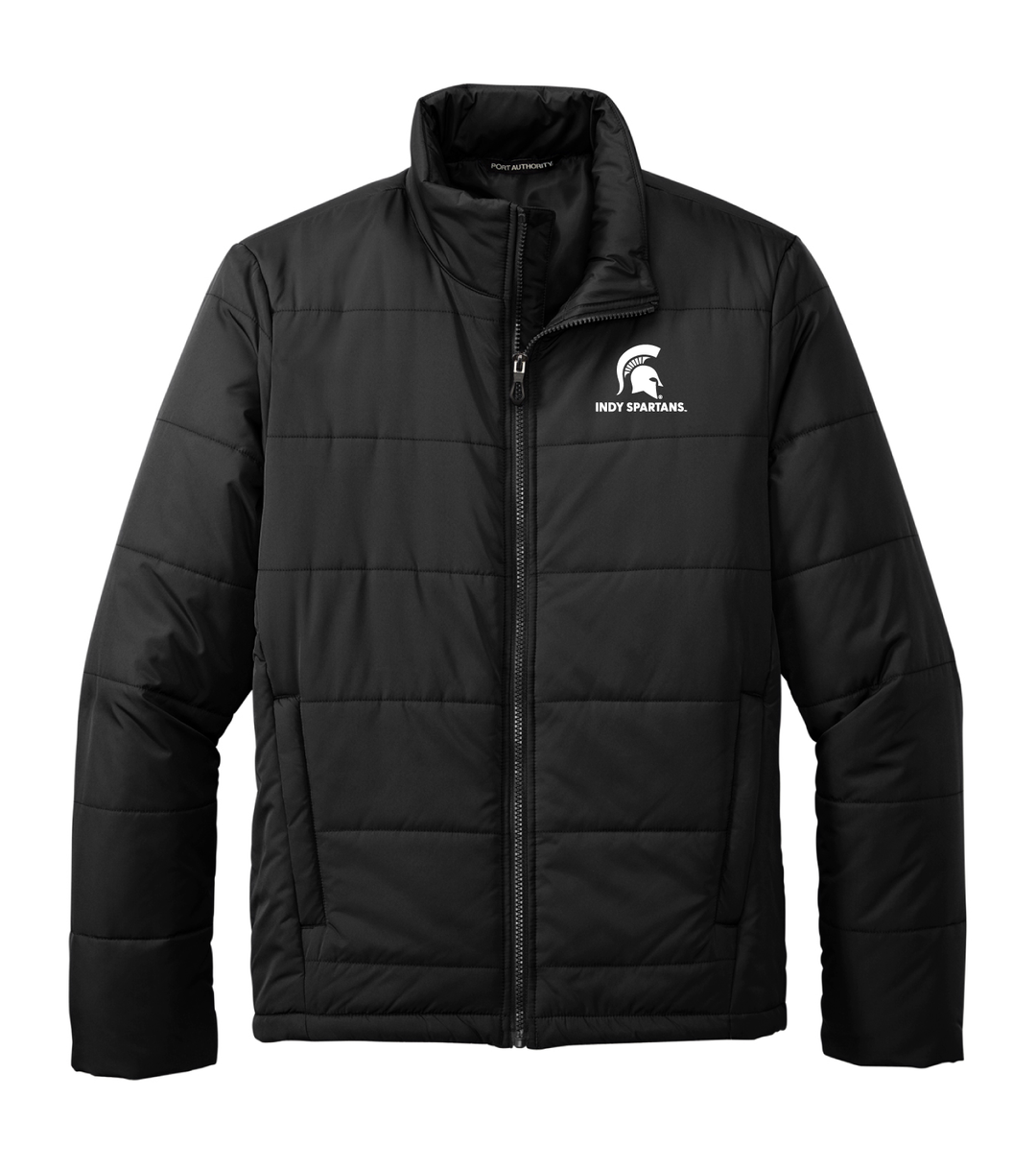 Black Puffer Jacket for Michigan State University showing the Indy Spartans alumni club logo embroidered in white thread on the left chest. 