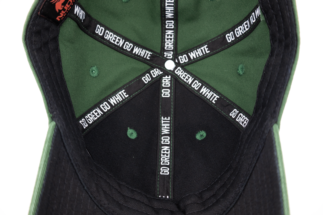 Fully custom Michigan State interior featuring "Go Green Go White" printed seam tape and black lining and underbill. 