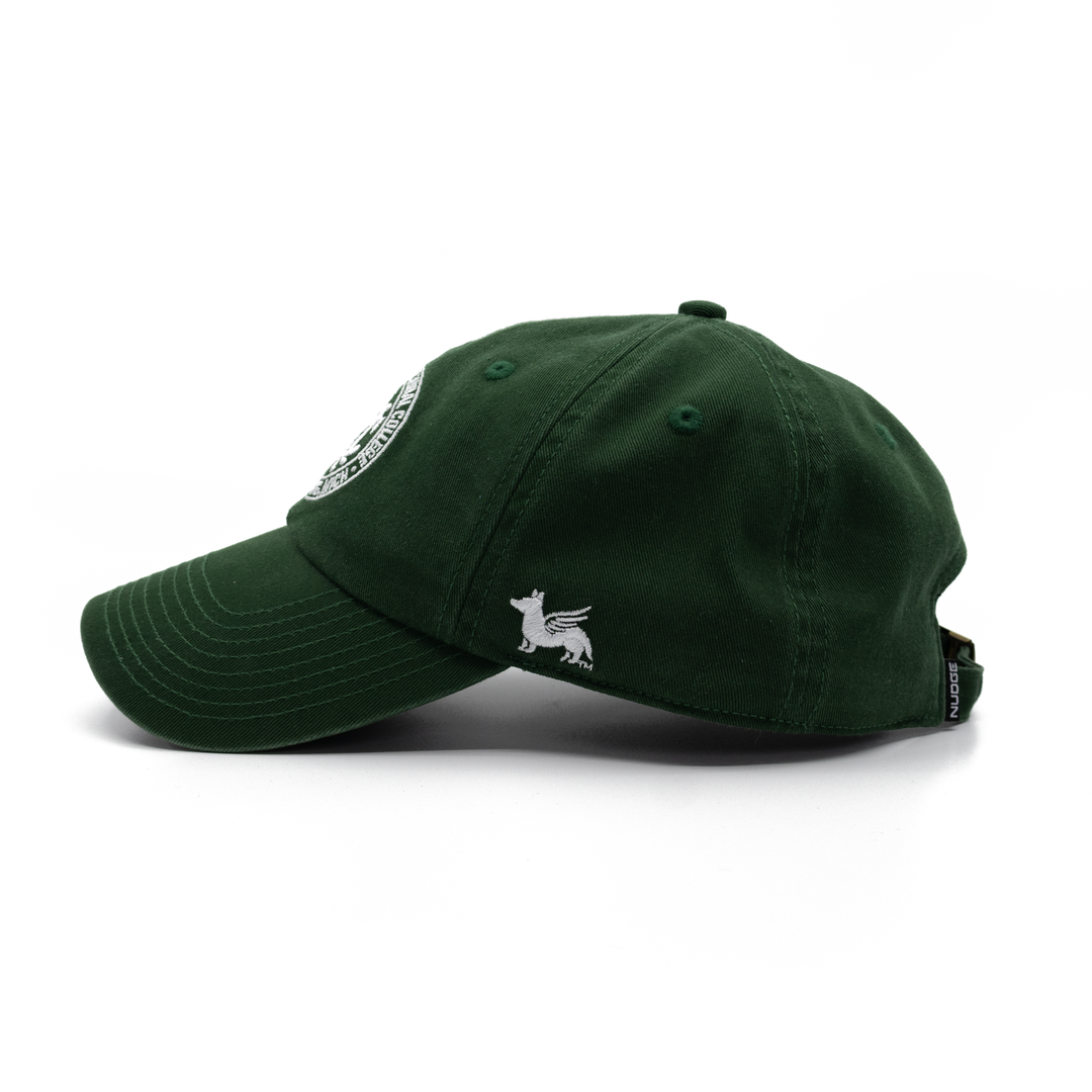 Left side profile of the Michigan State University MAC (Michigan Agricultural College) dad hat from Nudge Printing - Spartan Green classic baseball cap. 