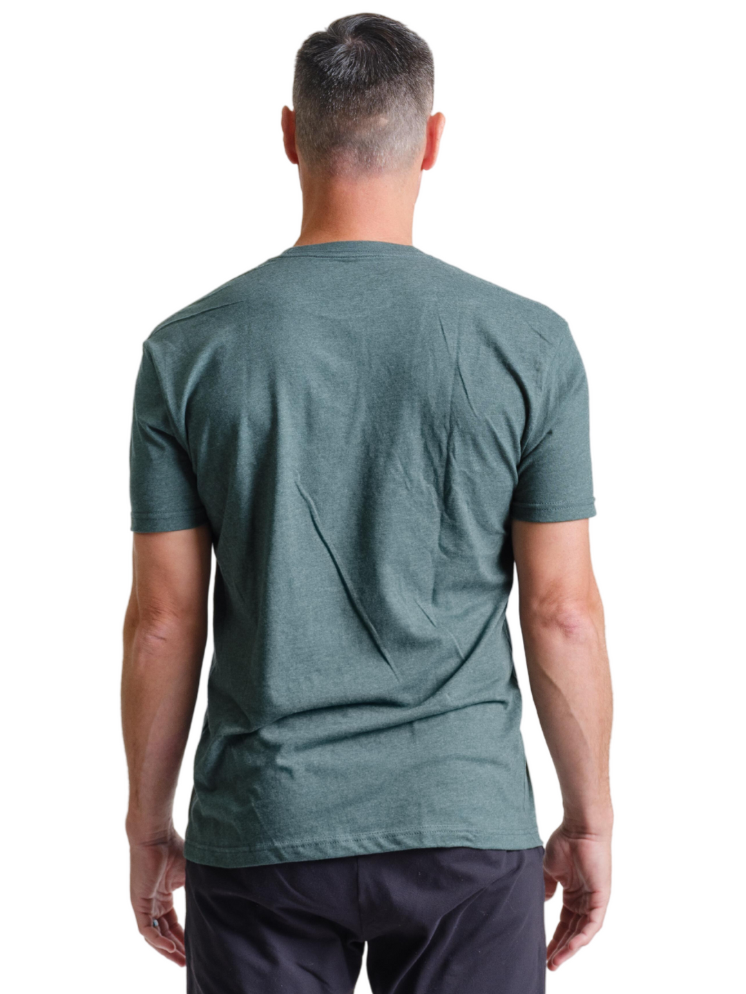 Nudge Printing back view of model wearing a forest green Michigan State T-Shirt