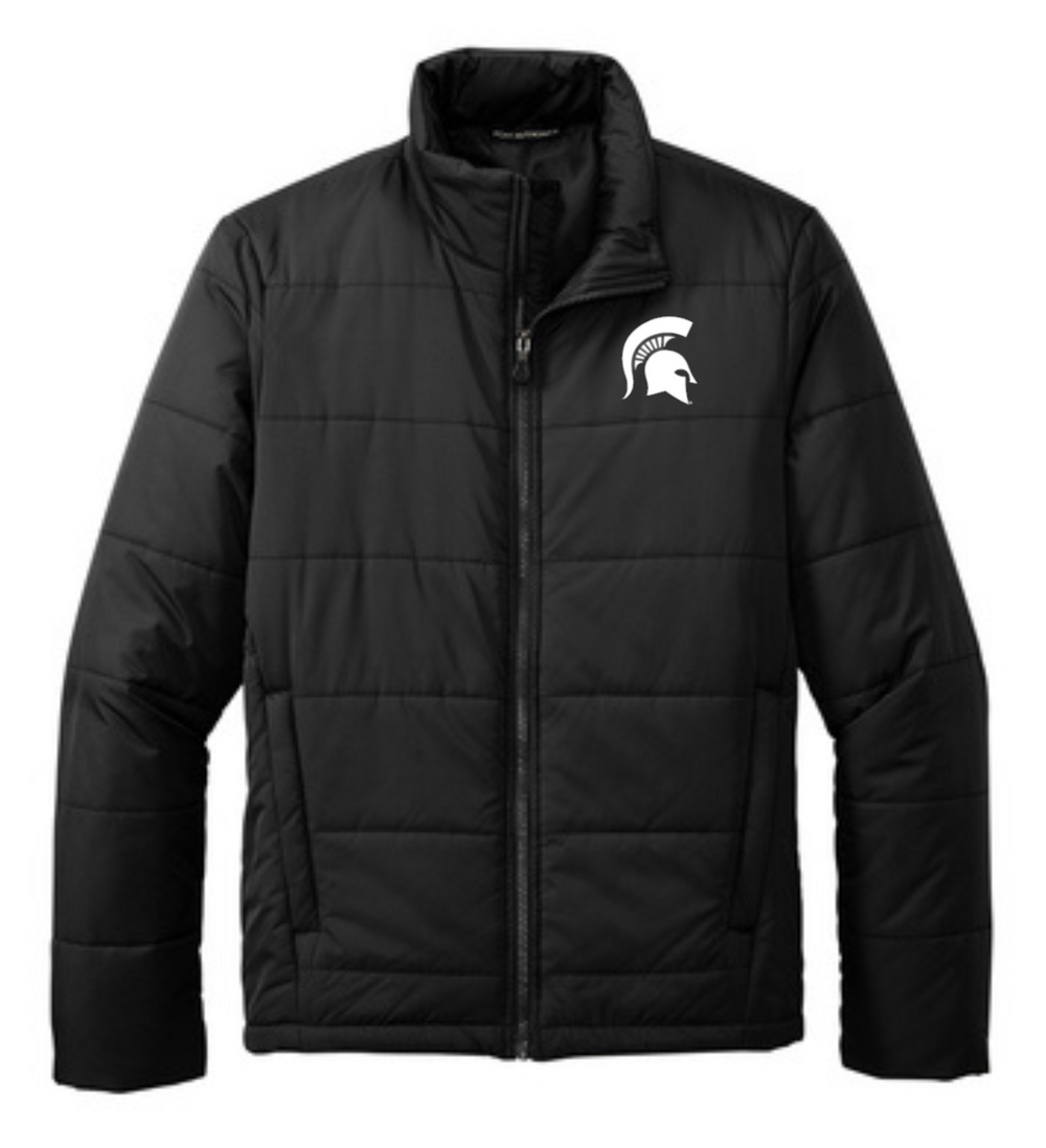 Michigan State Puffer Jacket with Gruff Spartan Helmet embroidered logo on male model