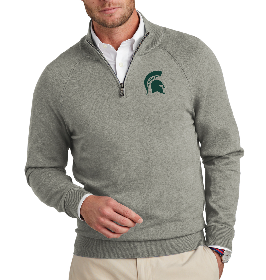 Grey Michigan State quarter zip with a green Spartan Helmet logo embroidered on a grey Brooks Brothers sweater