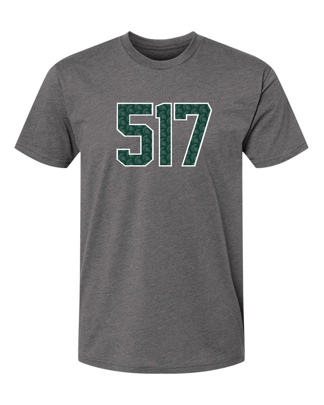 Grey Michigan State University tee shirt featuring "517" printed on the chest with a Spartan Helmet pattern on the inside. 