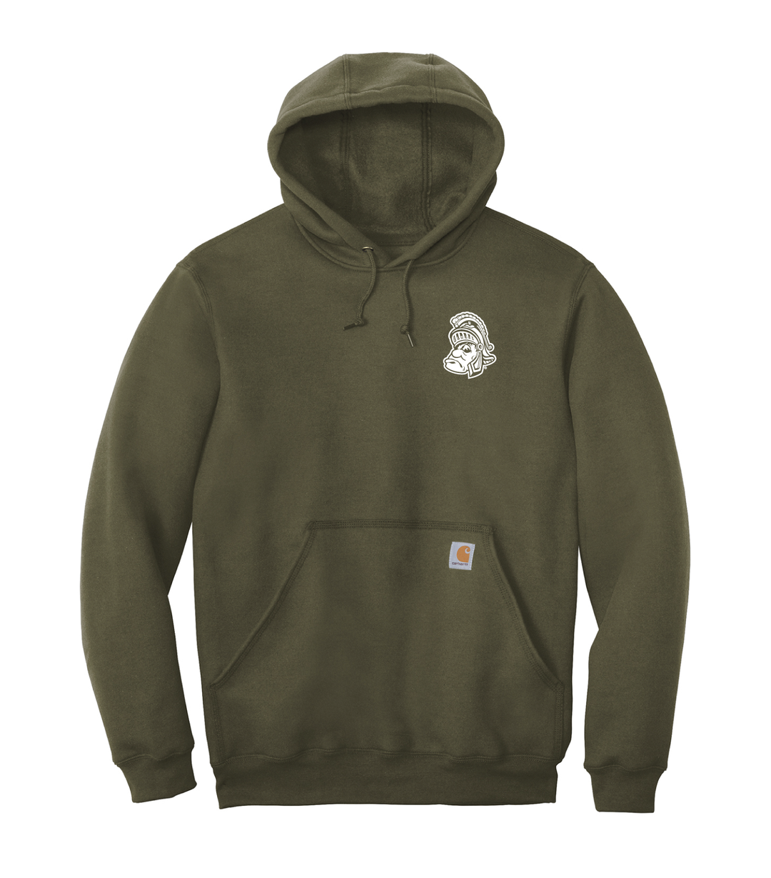 Green Carhartt Sweatshirt for Michigan State and embroidered with Gruff Sparty in white thread on the left chest. 