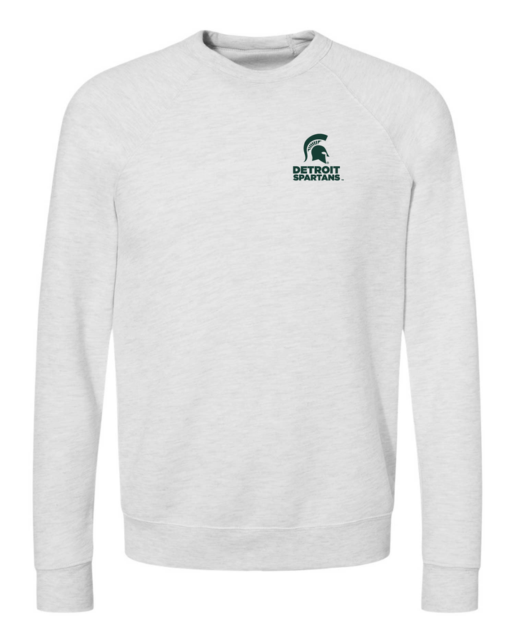 Front view of an ash white Michigan State crewneck sweatshirt with the Detroit Spartans logo embroidered in green thread on the left chest.