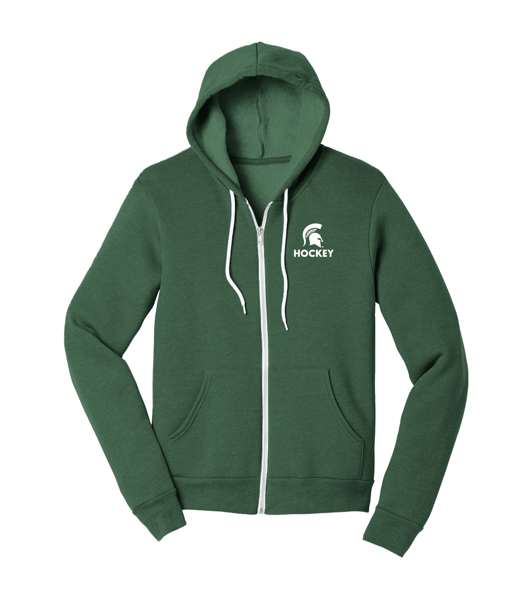 Green Michigan State sweatshirt with full zipper and hood. Embroidered Spartan Helmet logo and "Hockey" on the left chest in white.