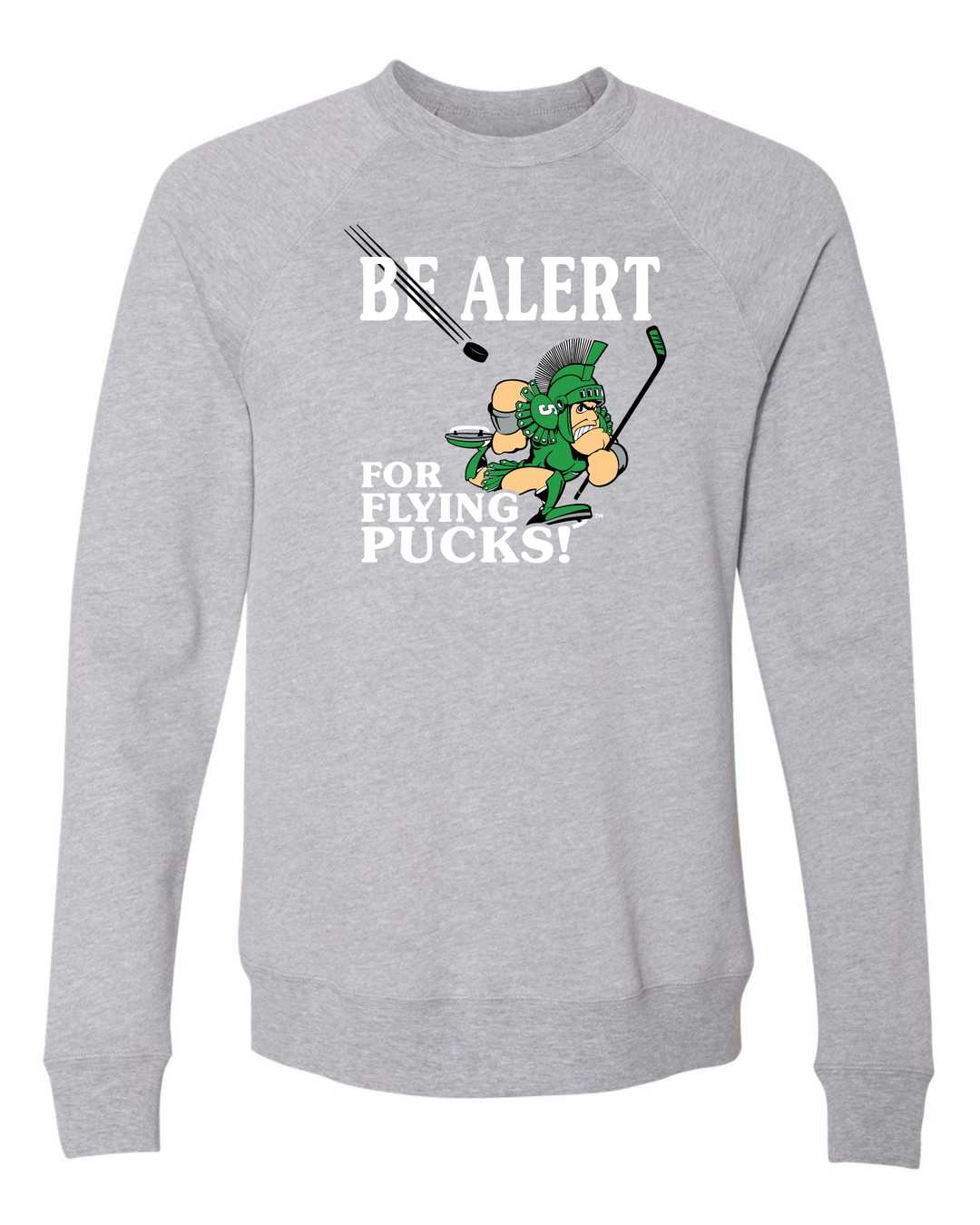 Grey Michigan State crewneck sweatshirt featuring the Spartan Hockey "Be Alert for Flying Pucks" design printed on the chest