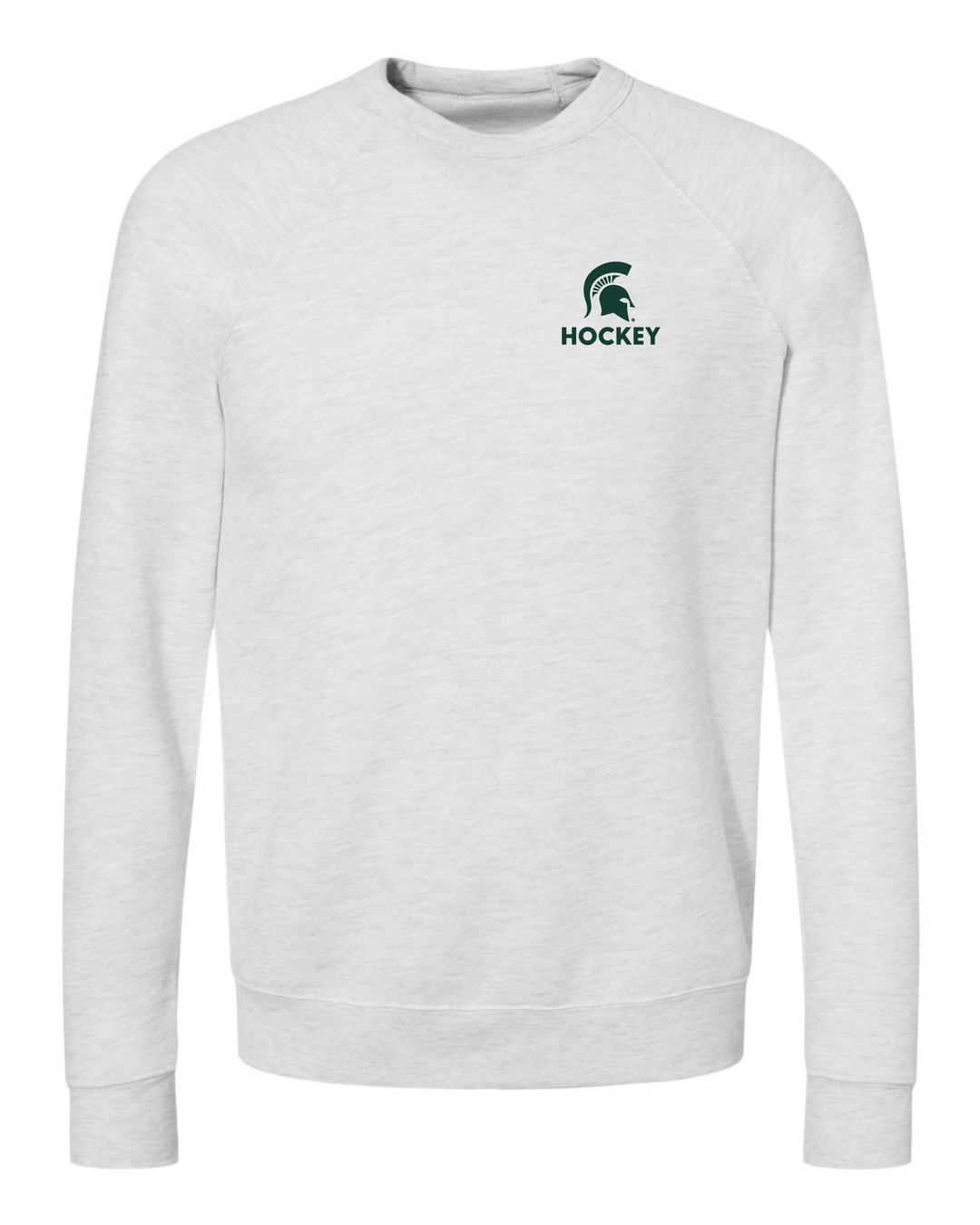 Ash white Michigan State crewneck sweatshirt embroidered with the Spartan Helmet and "Hockey" in green thread on the left chest. 