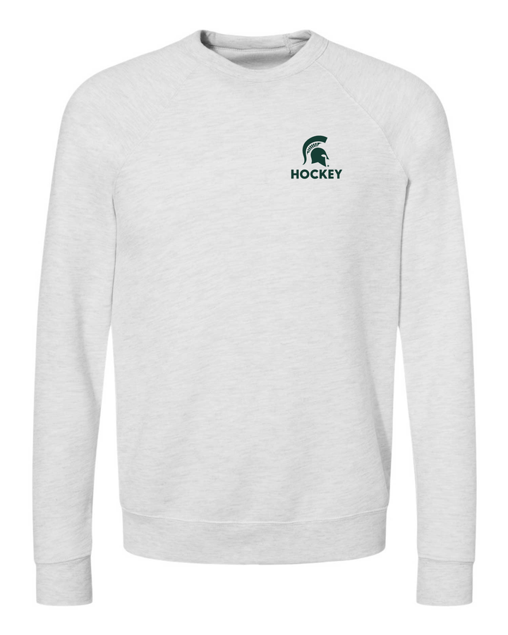 Ash white Michigan State crewneck sweatshirt embroidered with the Spartan Helmet and "Hockey" in green thread on the left chest. 