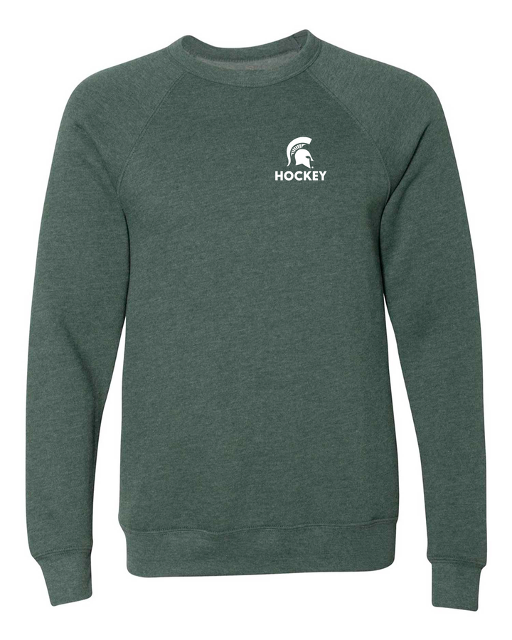 Green Michigan State sweatshirt crewneck embroidered with white Spartan Helmet and "Hockey" on the left chest.