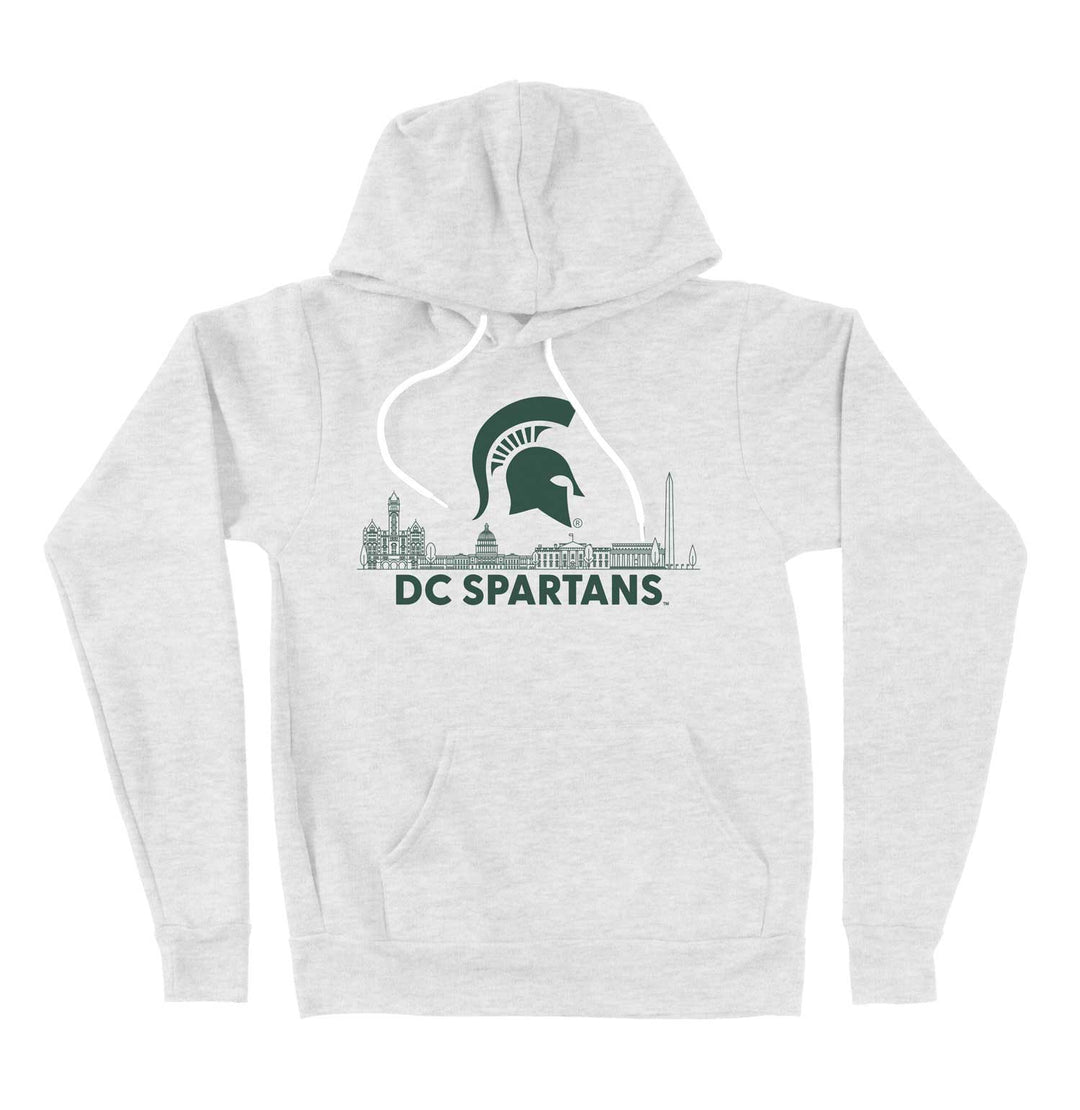 Ash white Michigan State hoodie sporting the DC Spartans Alumni Club logo in green ink on the chest. 