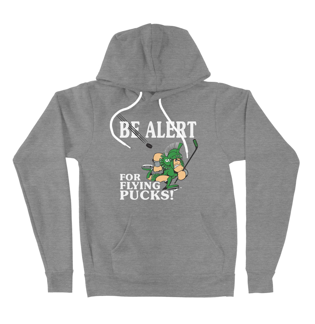 Grey Michigan State Sweatshirt with hood and featuring the Spartan Hockey "Be Alert for flying pucks" design printed on the chest