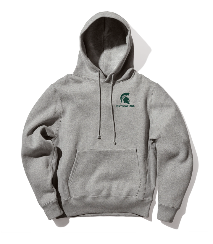 Front view of a premium varsity hoodie from Nudge Printing and decorated with the Michigan State Indy Spartans Alumni Club logo in green on the left chest