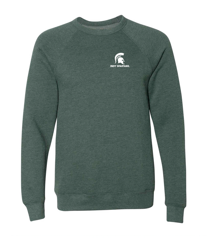 Green Indy Spartans green crewneck sweatshirt for Michigan State University with a white embroidered logo on the left chest