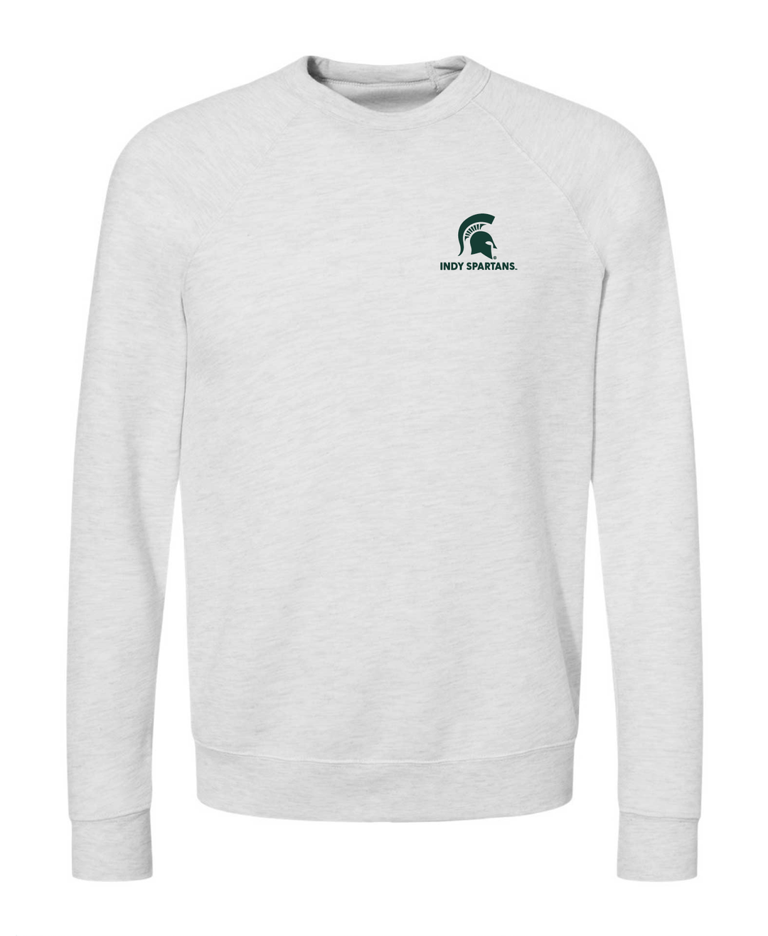 Front view of a Michigan State Indy Spartans white sweatshirt from Nudge Printing