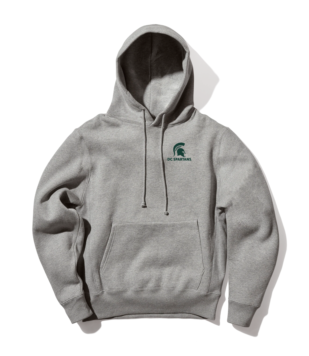 Gray varsity Michigan State hoodie with the DC Spartans Alumni Club logo embroidered on the left chest with green thread.