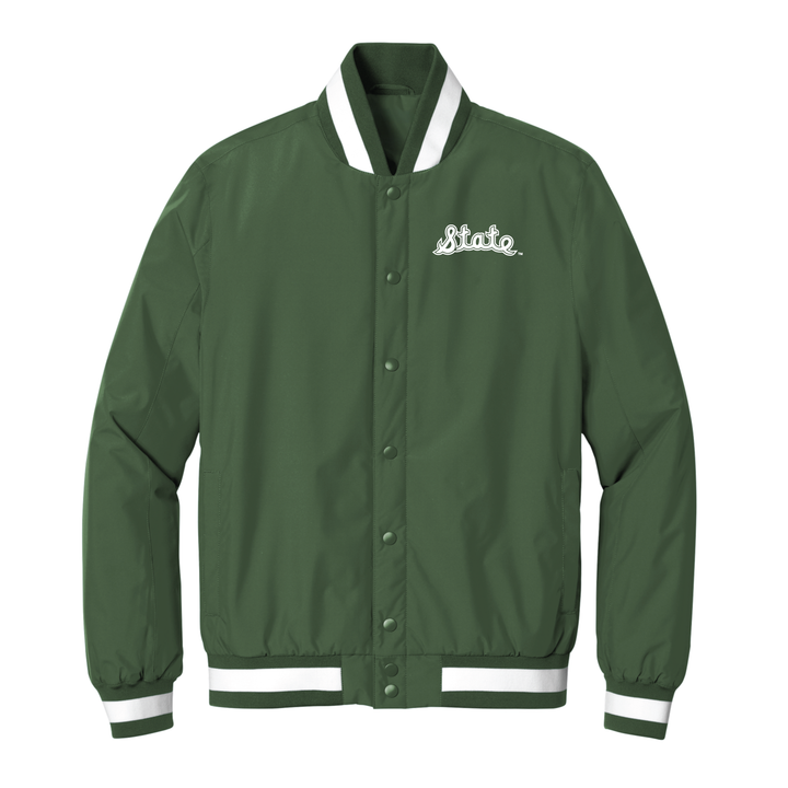 Green Michigan State vintage inspired varsity jacket with an embroidered State Script logo in white thread on the left chest