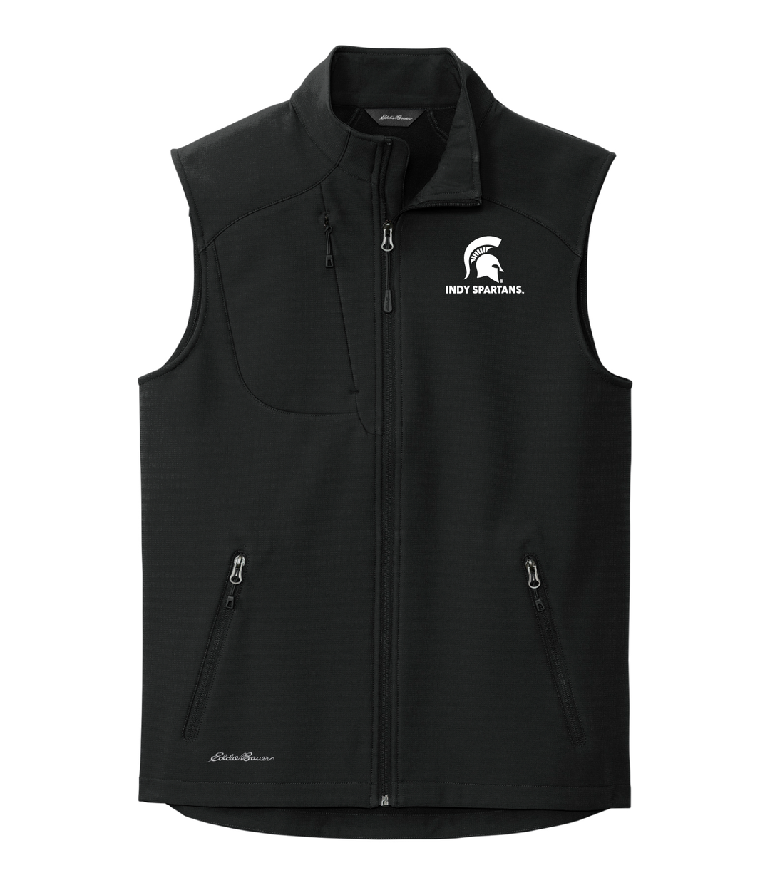 Black Eddie Bauer performance vest for Michigan State University showing the Indy Spartans logo embroidered on the left chest in white thread