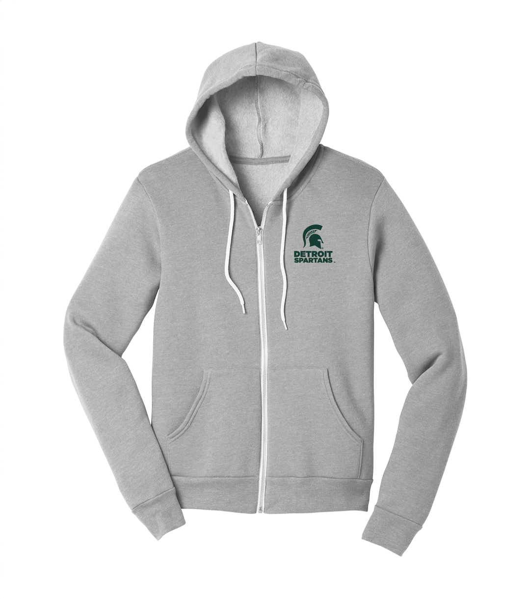 Front View of Michigan State Grey Zip Up Hoodie with drawstrings and Spartan Helmet with Detroit Spartan embroidered on left chest with green thread