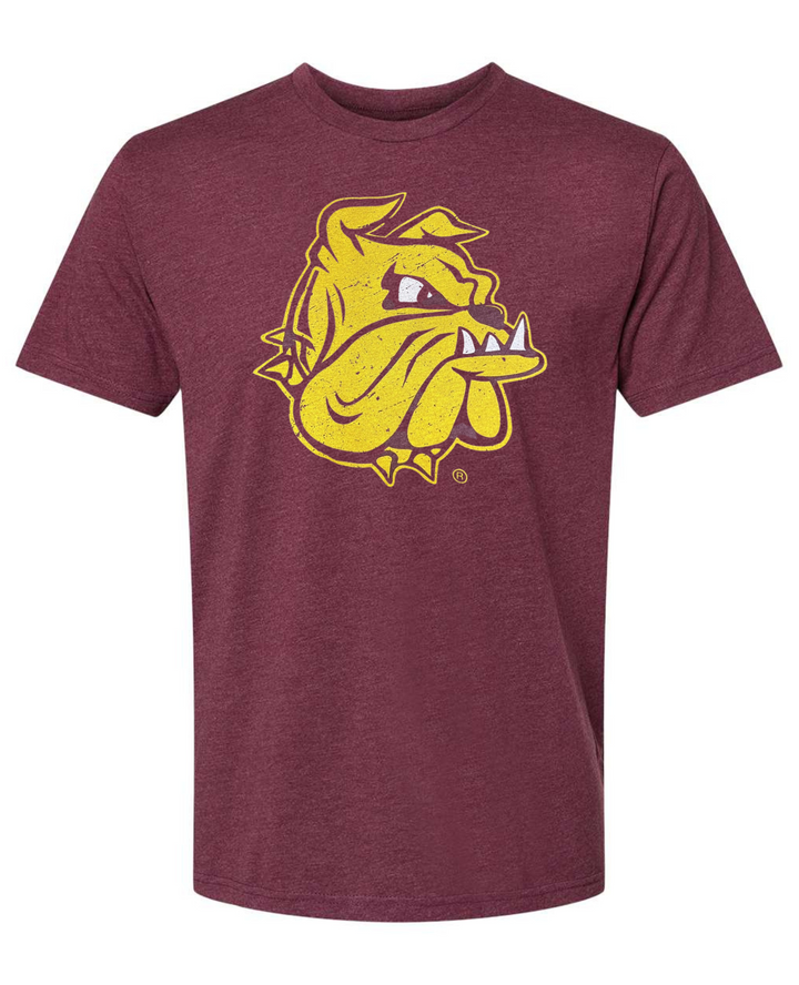 Maroon t-shirt showing the Minnesota Duluth bulldog logo in yellow and white ink printed on the chest.