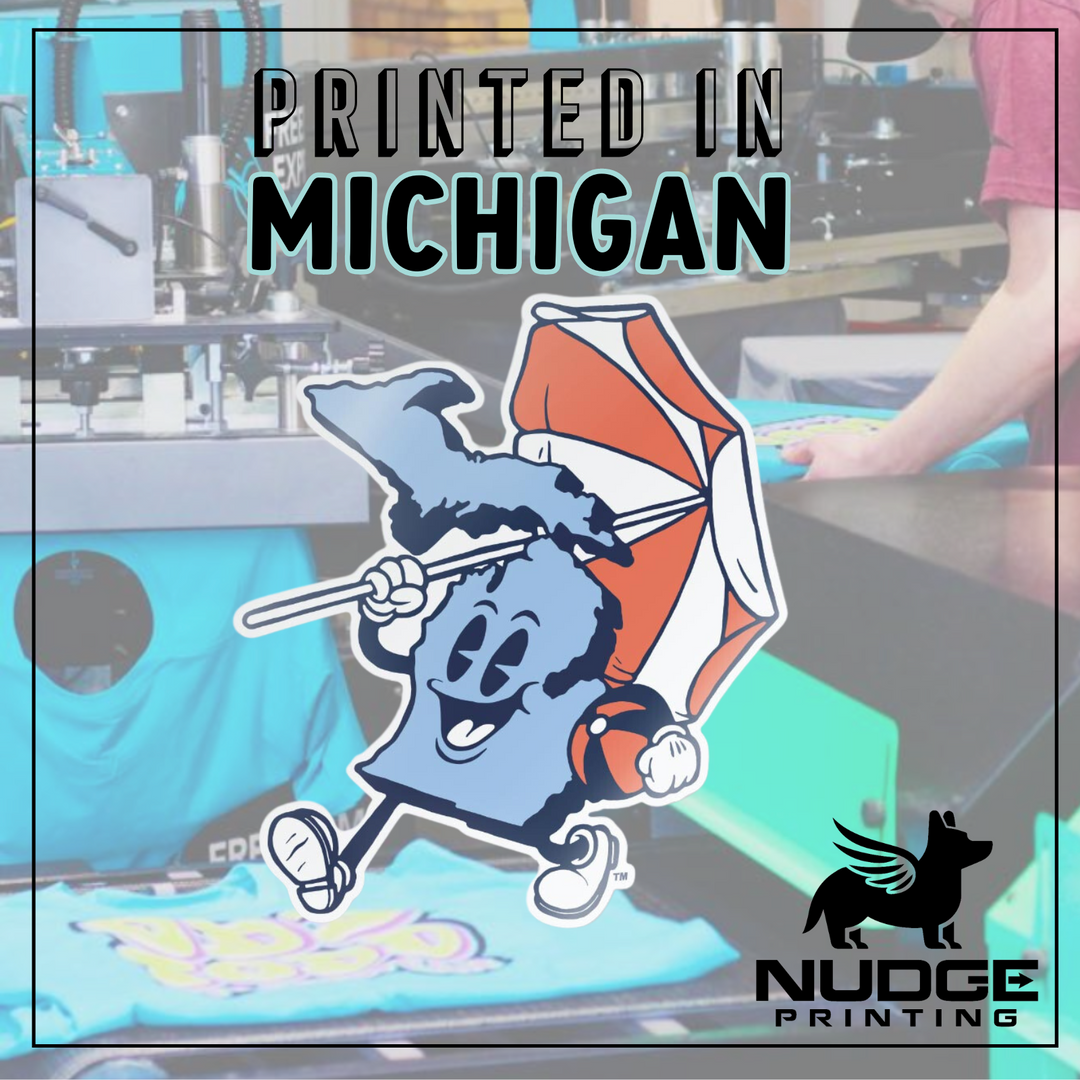 Graphic showing that this apparel is printed in Michigan by Nudge Printing