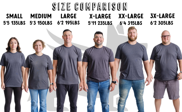 Nudge Printing t-shirt size comparison showing different models each wearing a different sized shirt