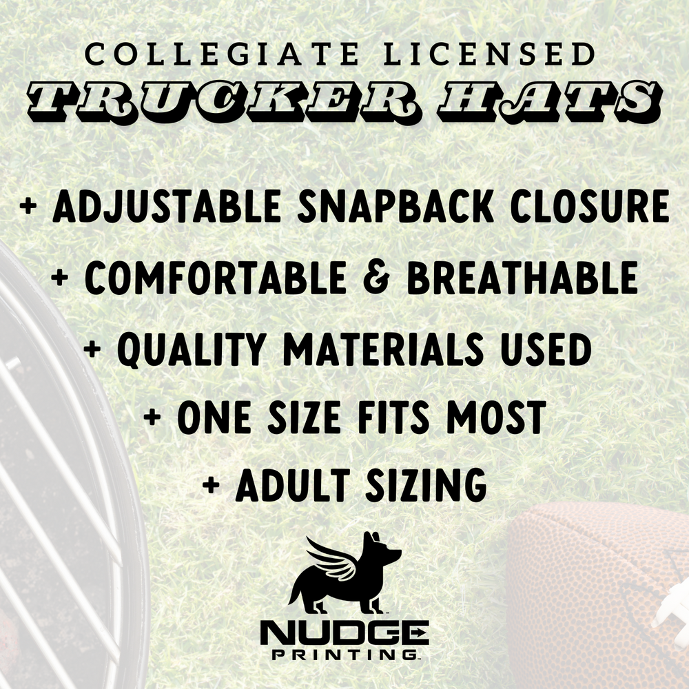 Nudge Printing Licensed Collegiate Trucker hats information graphic