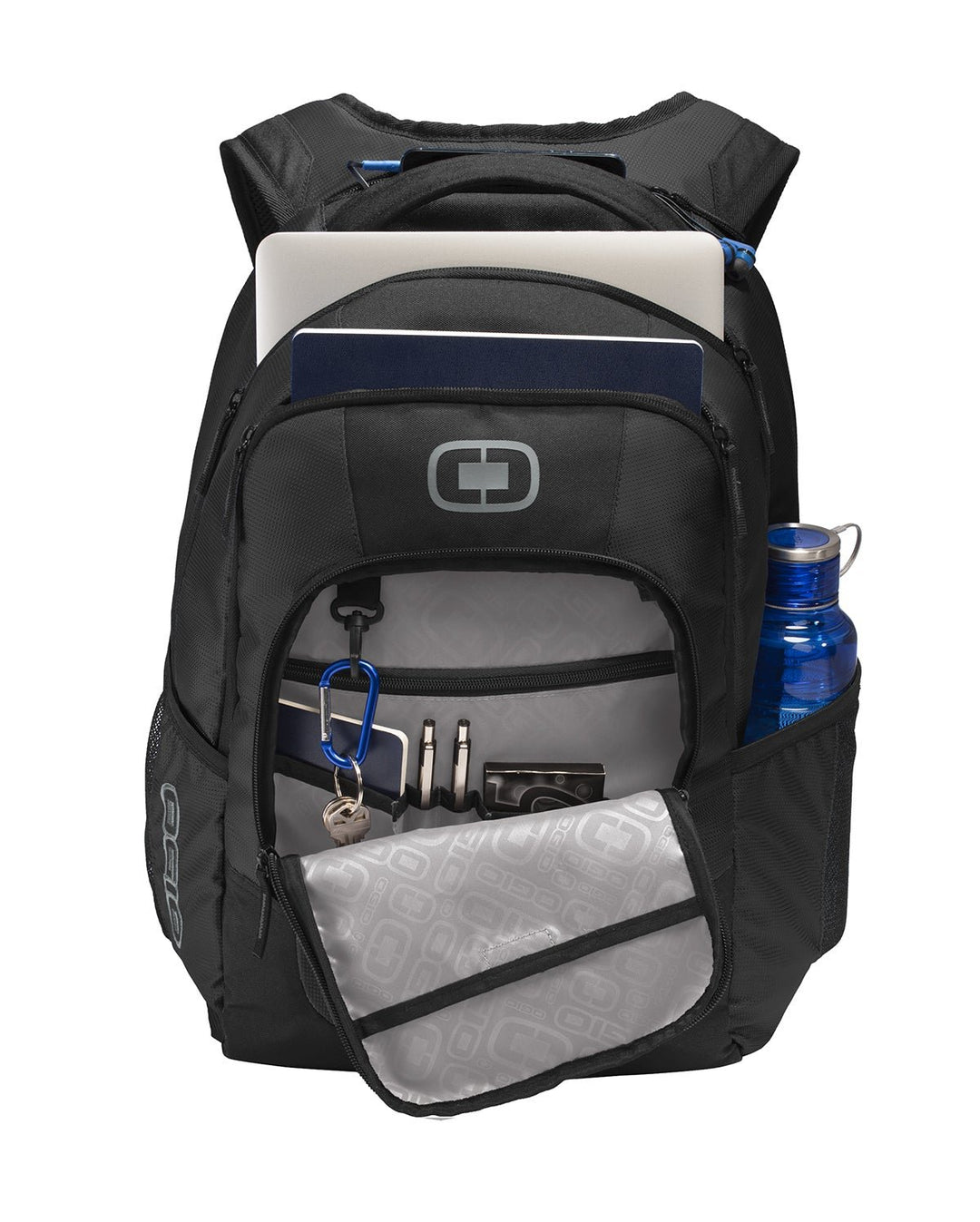 Front view of an opened OGIO Logan backpack from Nudge Printing