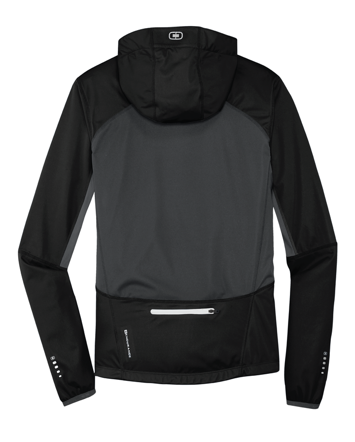 Back view of black and grey OGIO Performance Soft Shell Jacket from Nudge Printing