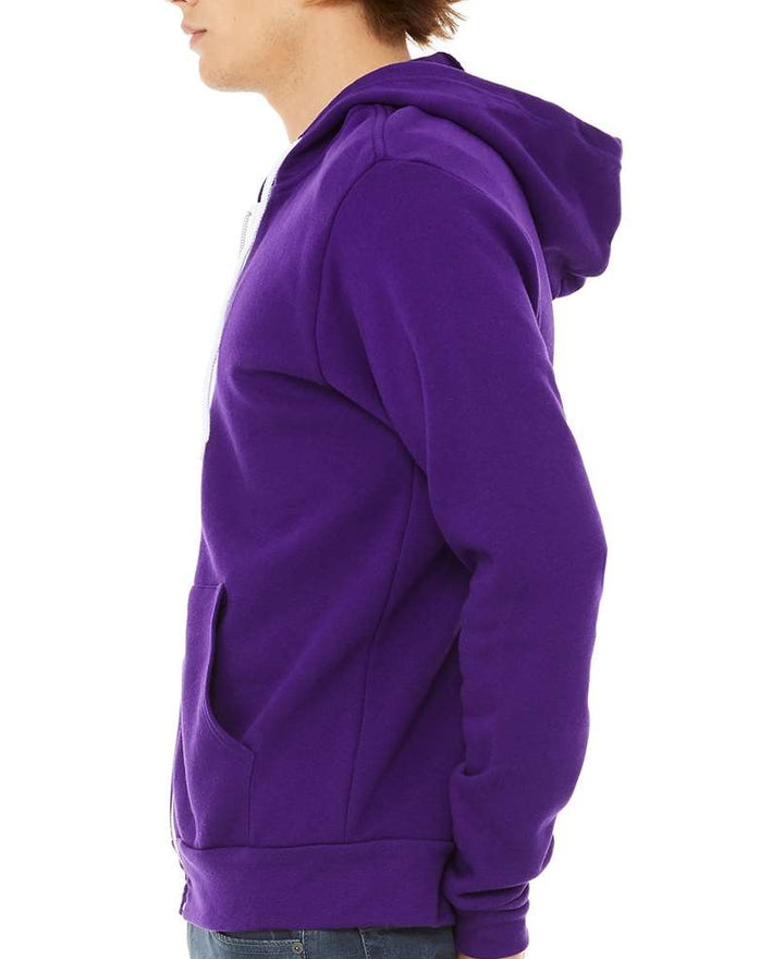 Side view of a purple Kansas State full zip hooded sweatshirt from Nudge Printing