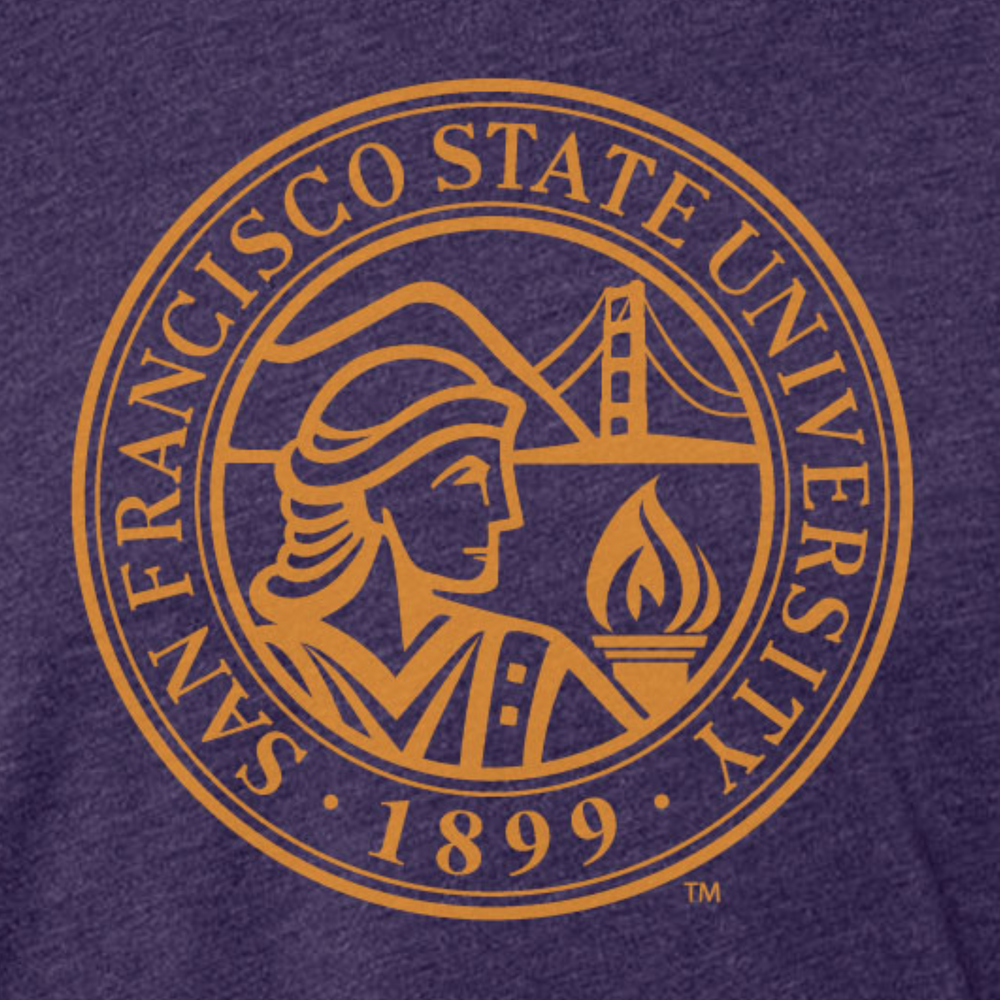 Close up view of San Francisco State University official seal printed on a t-shirt