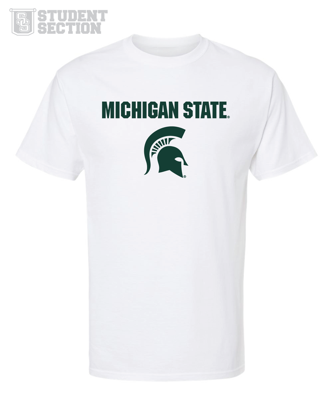 White Michigan State t-shirt featuring a green "Michigan State" and Spartan Helmet. This product is part of our budget friendly program, the Student Section.