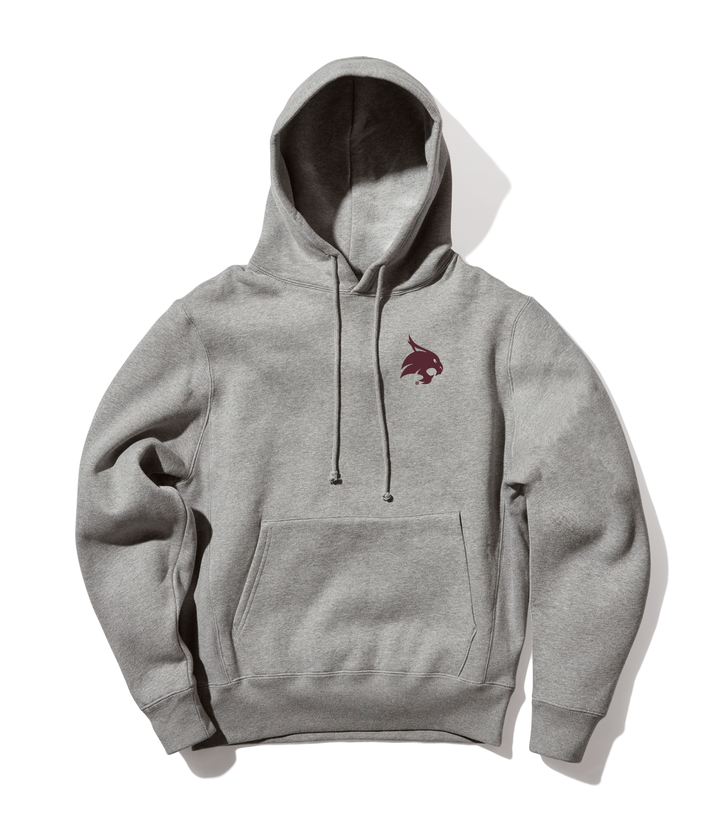 Grey Texas State heavyweight ultra premium hoodie featuring a maroon bobcat logo embroidered on the left chest