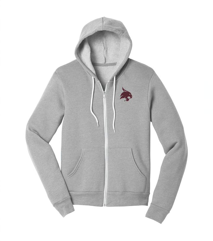 Grey Texas State zip up hoodie with a maroon bobcat logo embroidered on the left chest