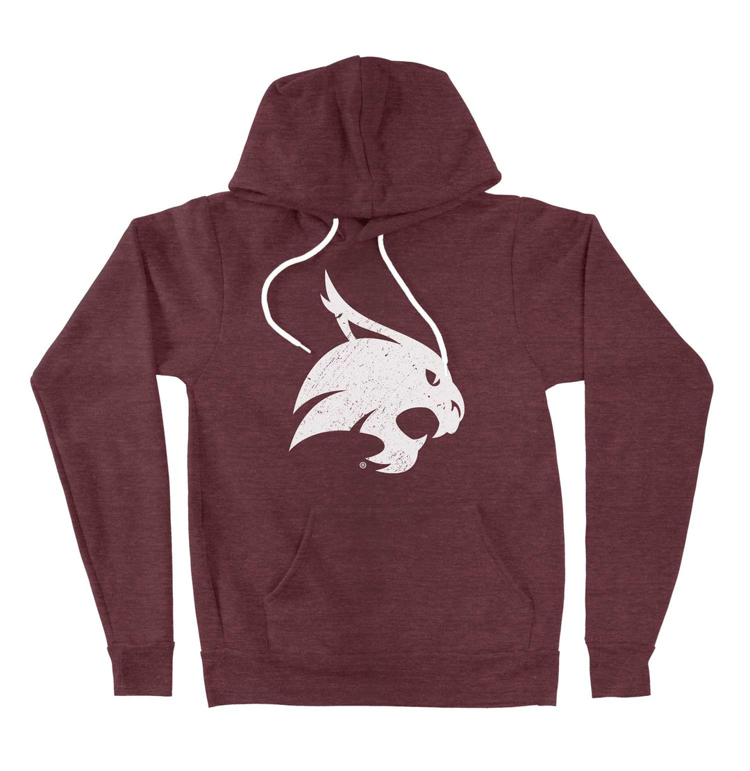 Texas State University Heather Maroon Hoodie Sweatshirt with Bobcats Logo Mockup on white background