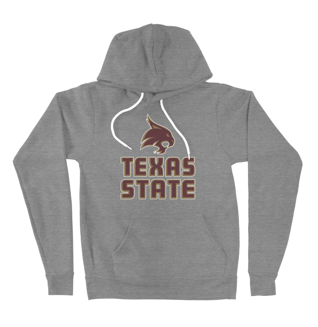 Texas State University Grey Hooded Sweatshirt with Wordmark Logo on front Mockup on white background