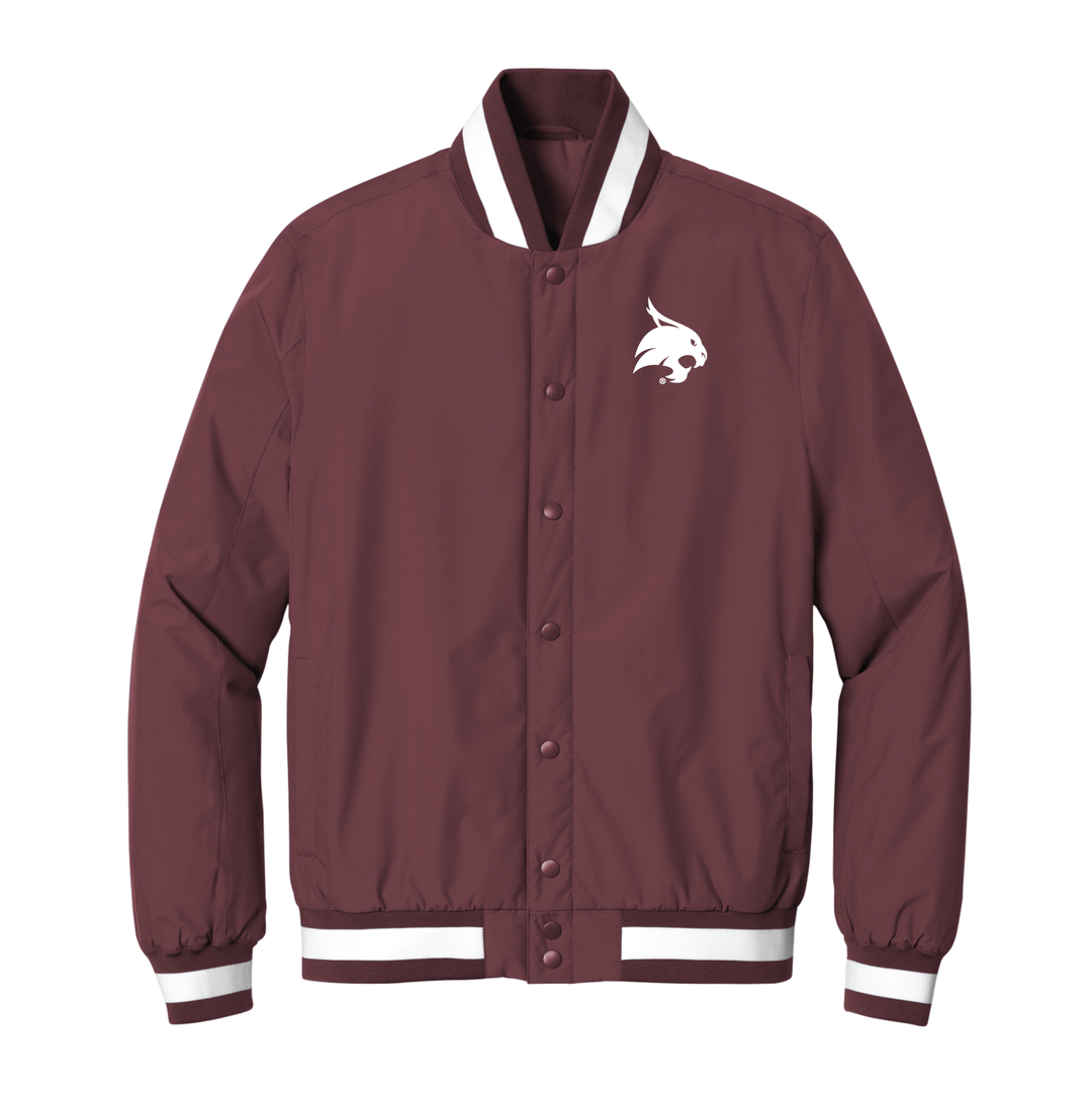 Maroon Texas State varsity jacket with a white bobcat logo embroidered on the left chest