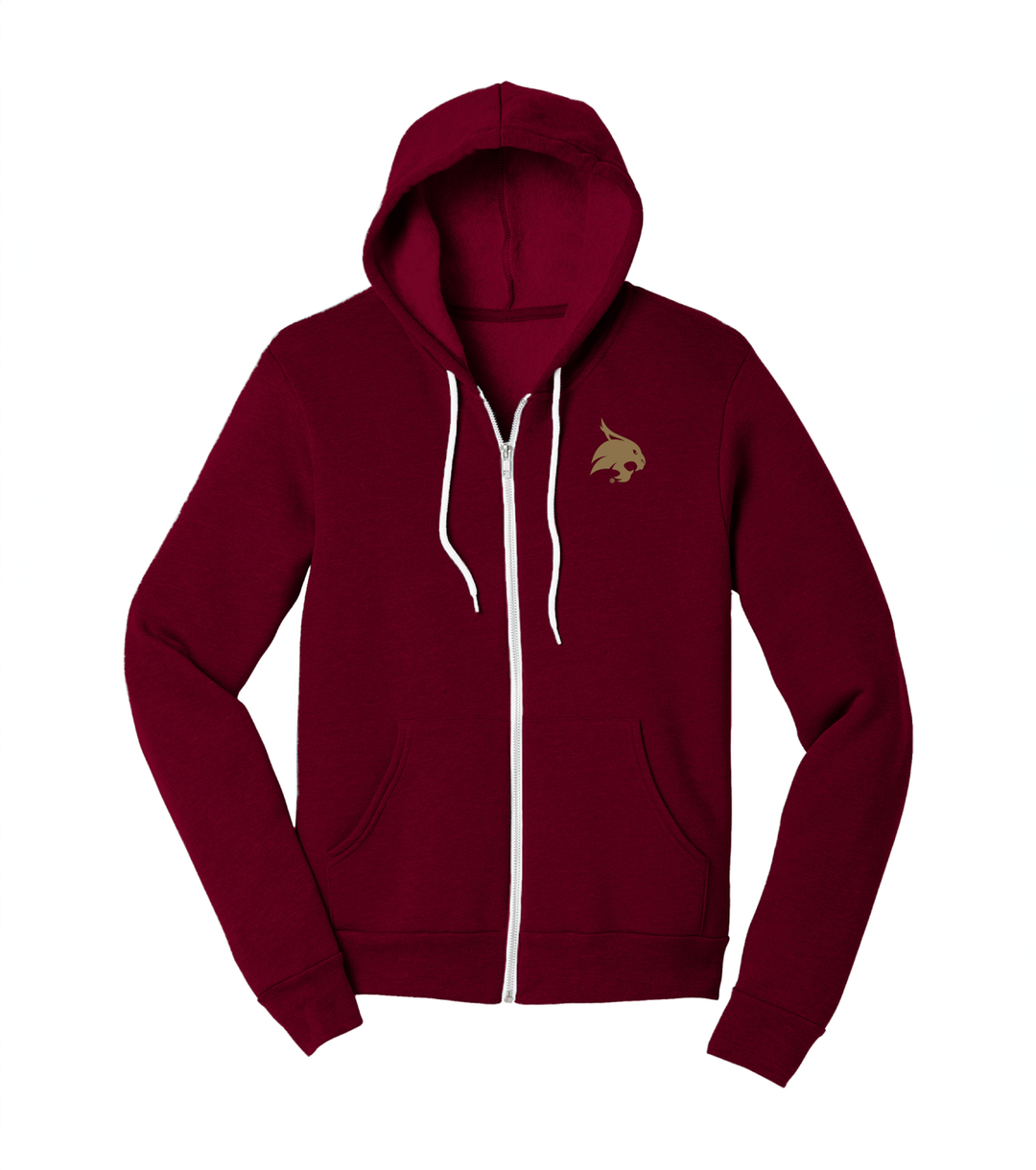 Maroon Texas State zip up hoodie featuring an embroidered Bobcat logo on the left chest in gold thread.