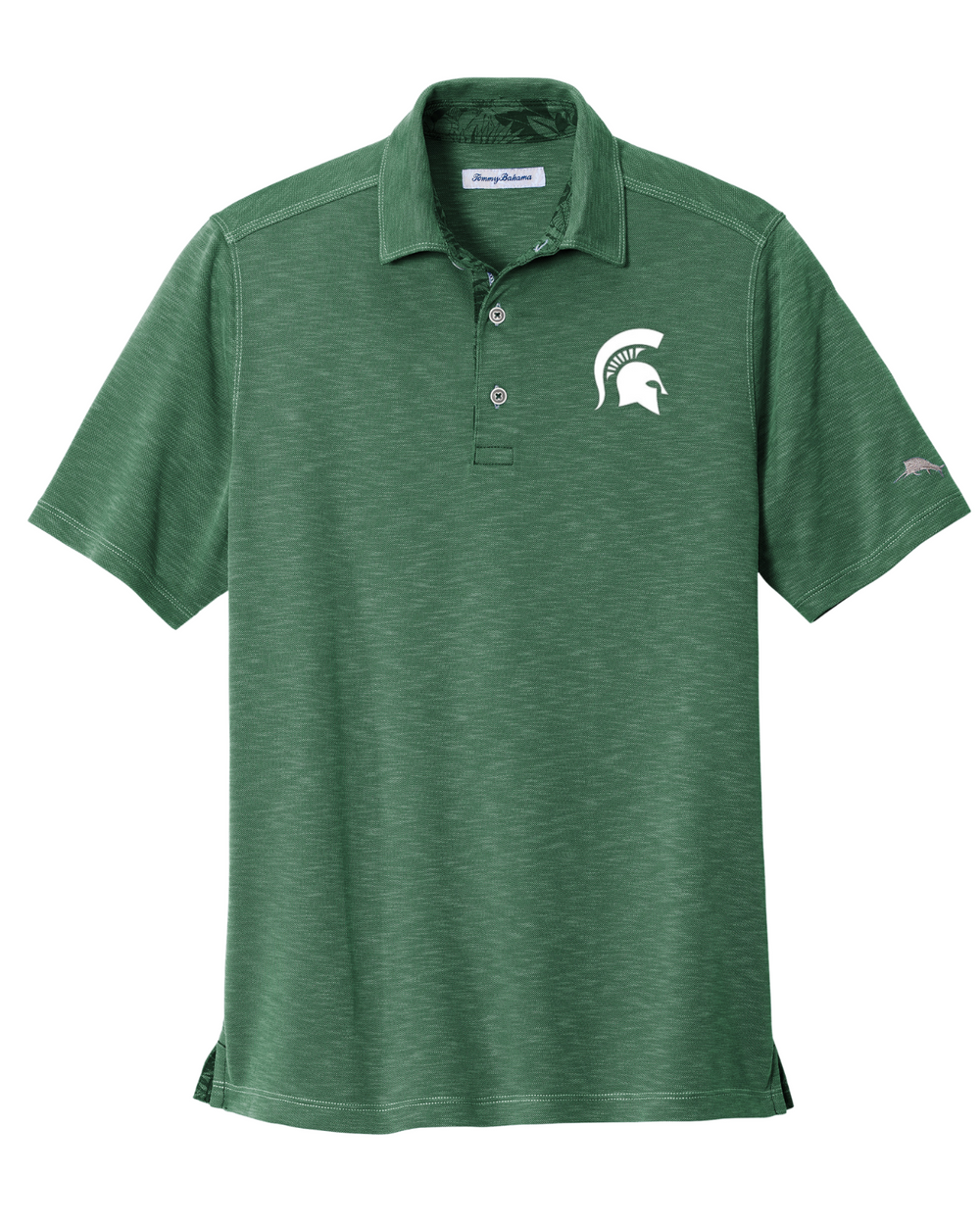 Michigan State Tommy Bahama Branded Polo embroidered on left chest with white Spartan Helmet logo from Nudge Printing