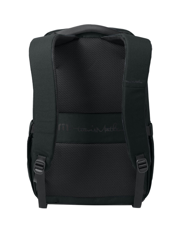 Back view of a black Travis Mathew Approach backpack from Nudge Printing