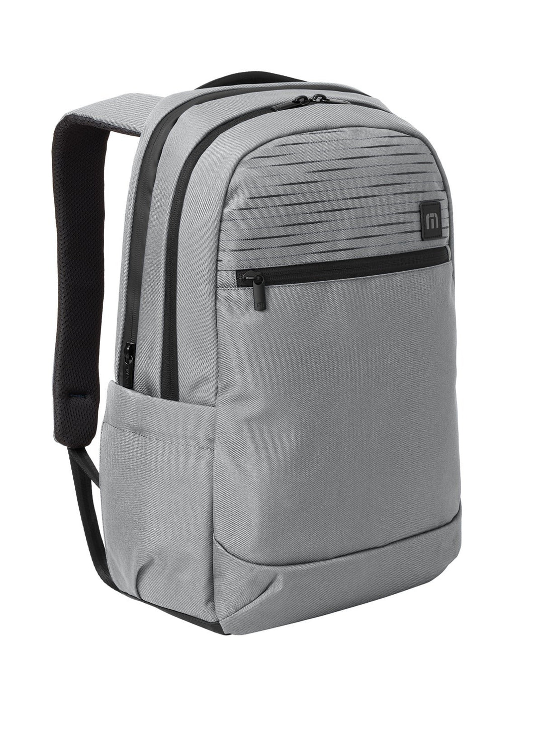 Front angled view of a grey Travis Mathew approach backpack from Nudge Printing