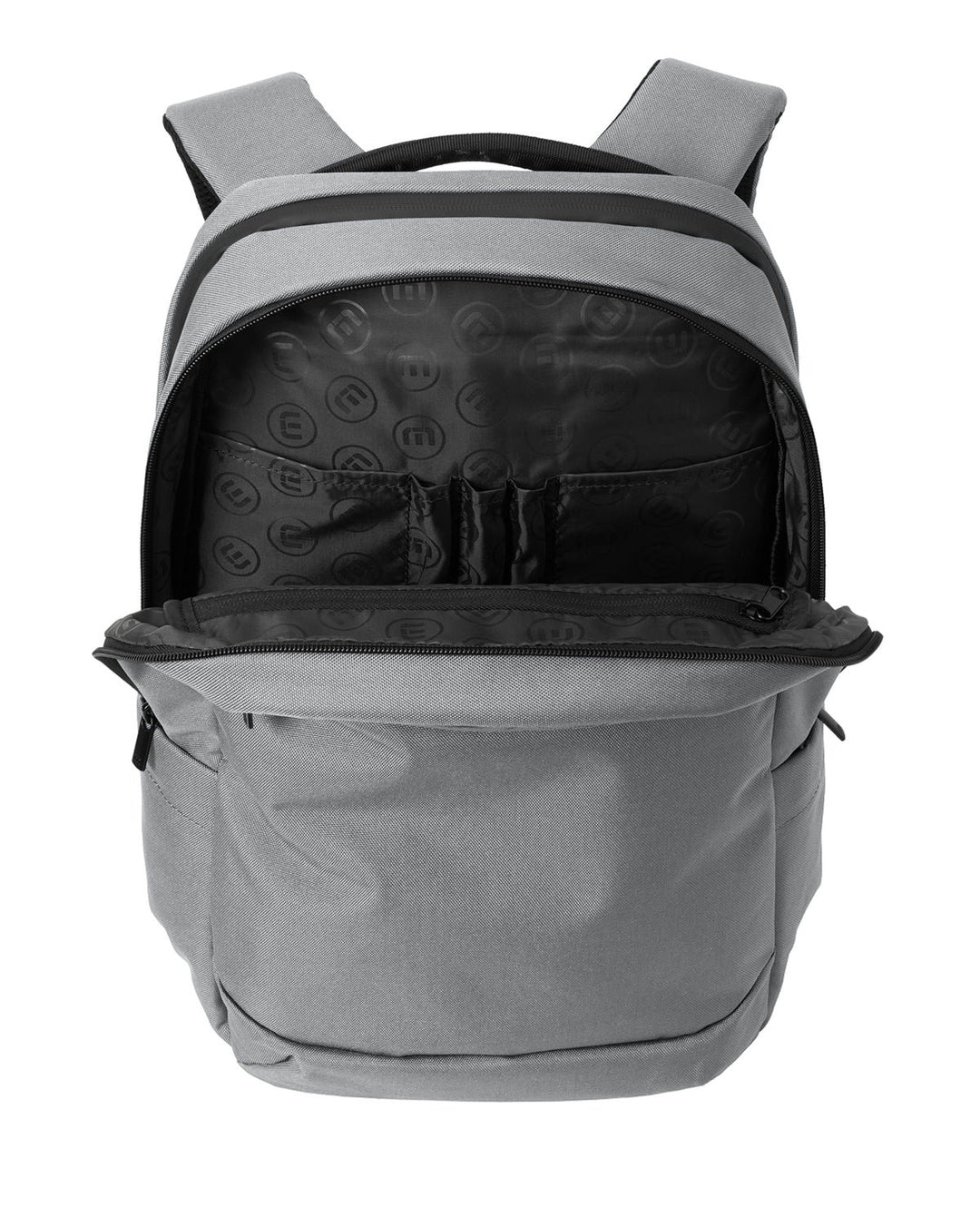 Opened view of a grey Travis Mathew Approach backpack from Nudge Printing