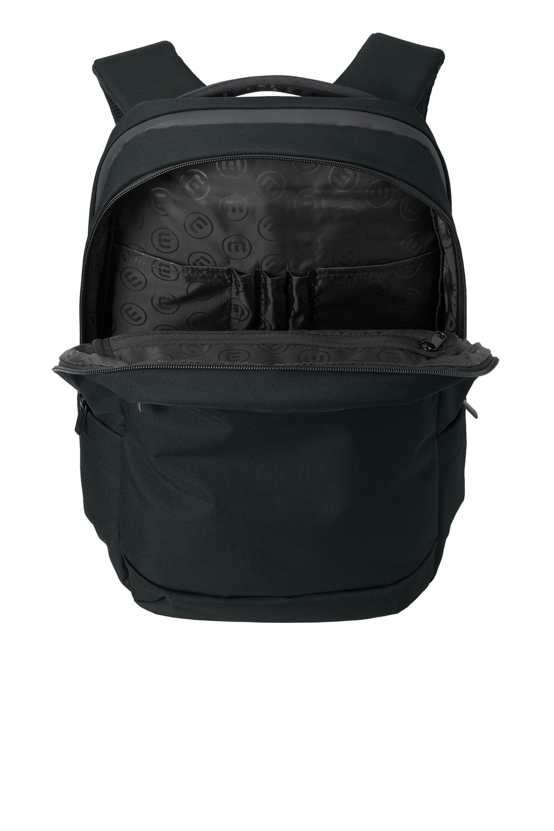 Opened Travis Mathew Approach backpack in black from Nudge Printing