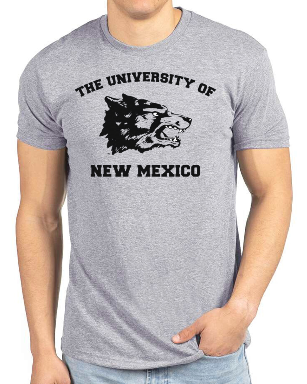 The University of New Mexico Vintage Lobos Wolf Head Grey sShort Sleeve Shirt on male model