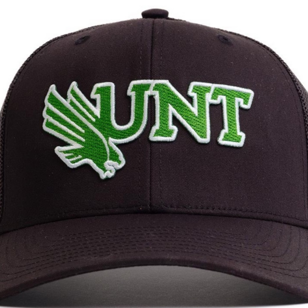 Black UNT Hat from Nudge printing Up close with green and white patch