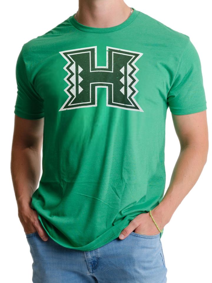 University of Hawaii Rainbow Warriors Block H Logo Unisex T-shirt (Kelly Green) on male model