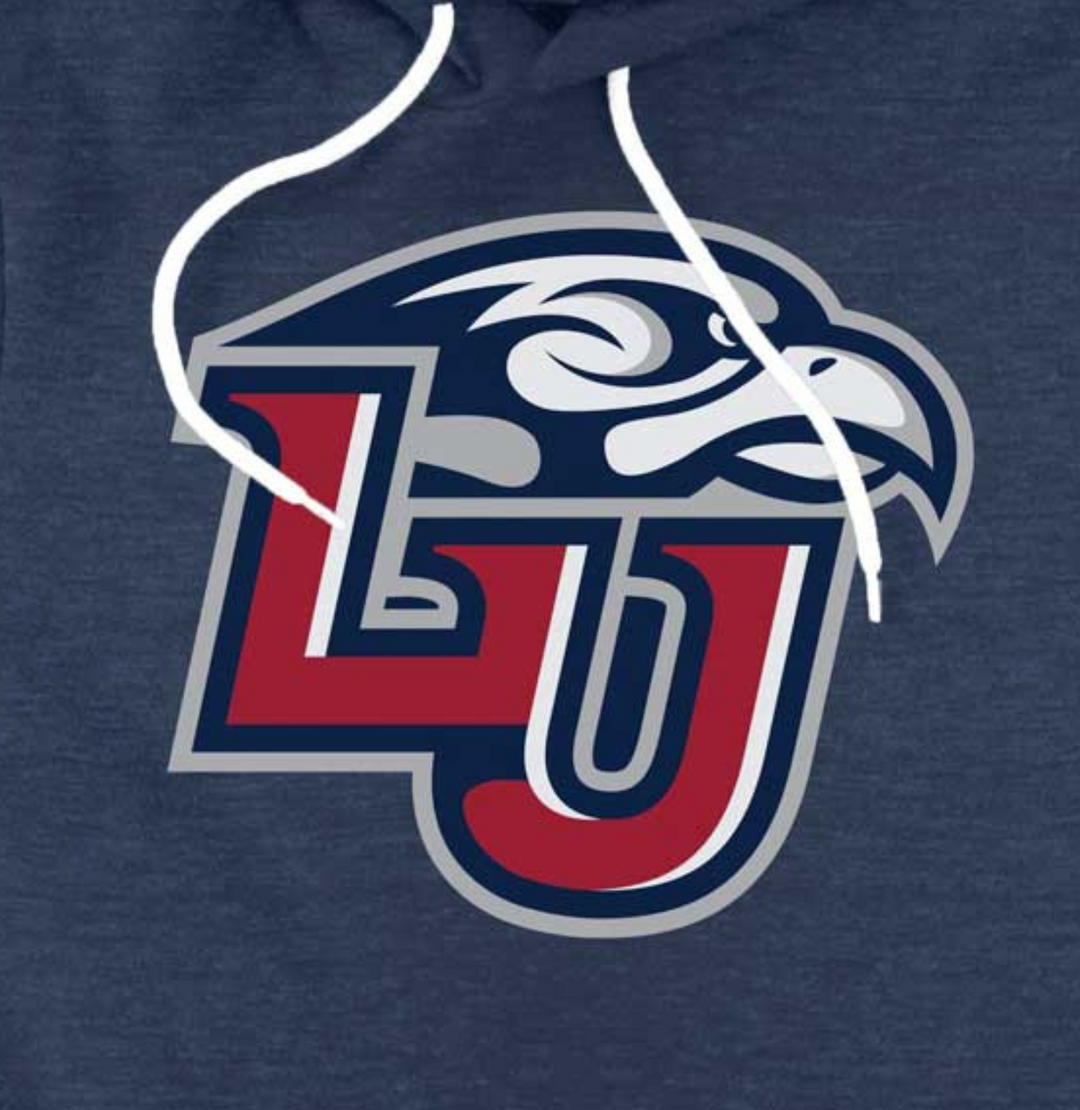 Liberty University Flames Navy Blue Soft Hoodie Hooded Sweatshirt LU Logo up close view