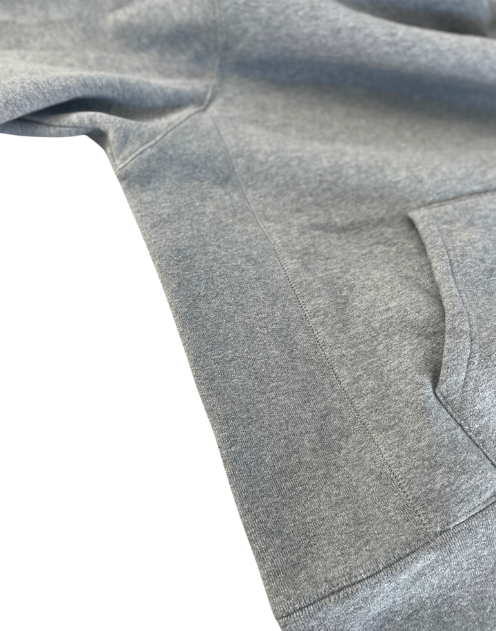 Close up side view of the varsity heather grey hoodie from Nudge Printing