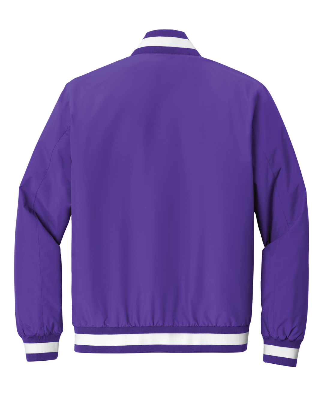 Back view of purple varsity jacket from Nudge Printing